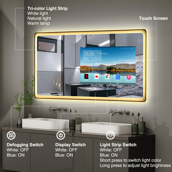 Smart Bathroom Mirror TV with LED Lights & Anti-Fog
