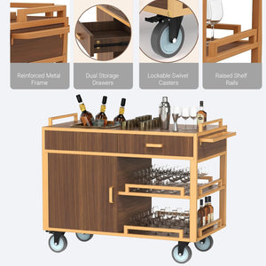 3-Tier Bar Cart with Wheels & Storage | Dark Walnut