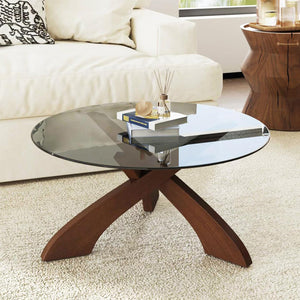 30.7" Round Glass Coffee Table with Walnut Wood X-Base