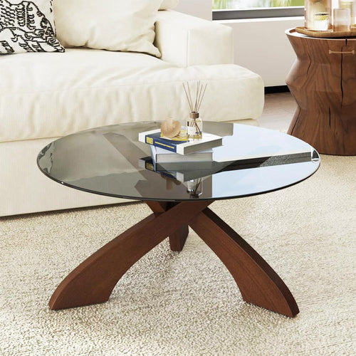 30.7" Round Glass Coffee Table with Walnut Wood X-Base