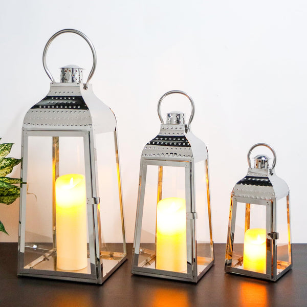 Silver Candle Lanterns Set of 3 – Stainless Steel & Tempered Glass