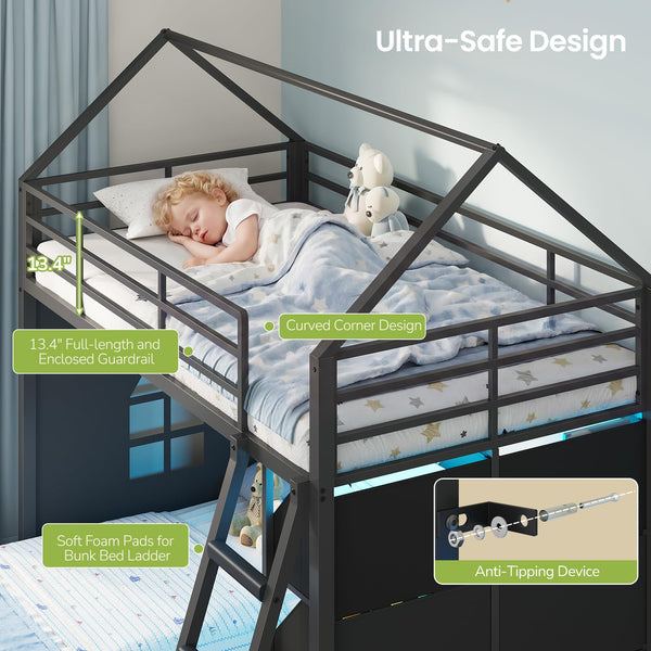 L-Shaped Twin Over Twin Bunk Bed with Storage Bins & LED Lights
