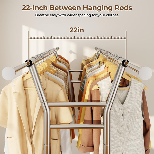 Heavy Duty Rolling Clothes Rack with Shelves, 700 lb Capacity, Dual Rod
