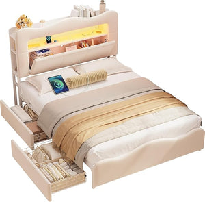 Full Upholstered LED Storage Bed with Charging Station