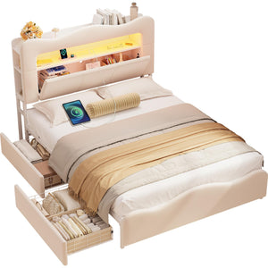 Full Upholstered LED Storage Bed with Charging Station