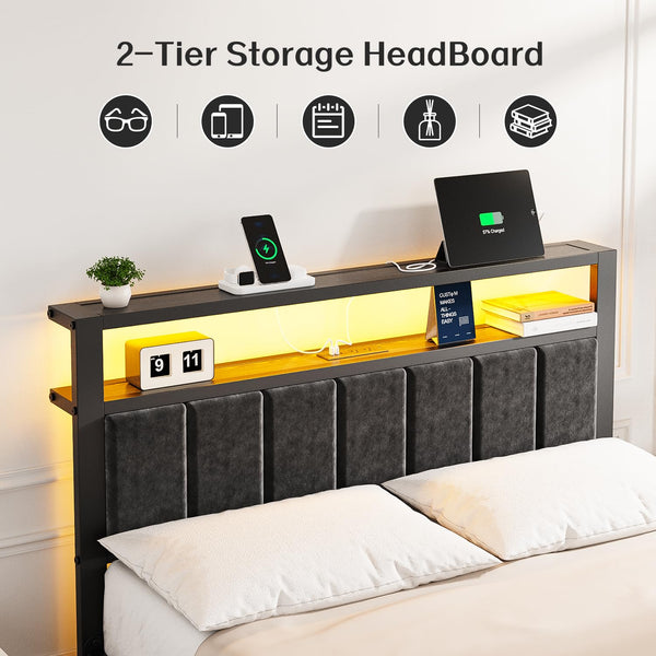 LED Platform Bed Frame with Storage Headboard & Charging Station