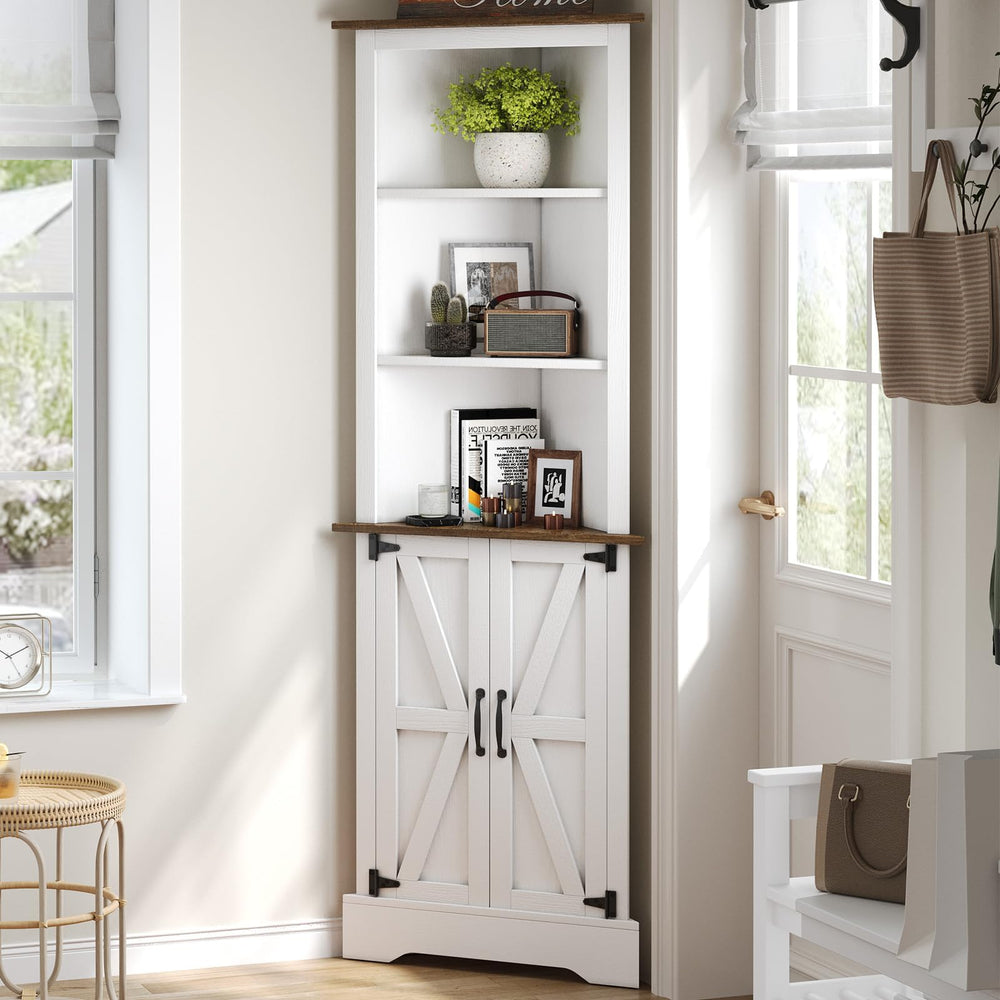 Farmhouse Corner Cabinet with Barn Doors, 68" Tall, 5-Tier Adjustable Shelves