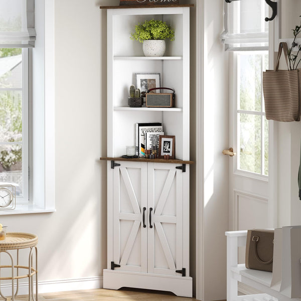 Farmhouse Corner Cabinet with Barn Doors, 68" Tall, 5-Tier Adjustable Shelves