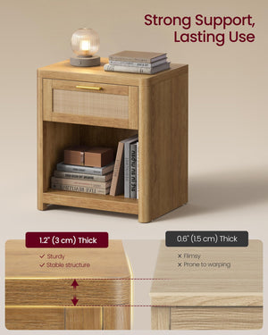 Boho Nightstands with Rattan-Look Drawer, Set of 2
