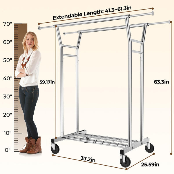 Heavy Duty Rolling Clothes Rack with Shelves, 700 lb Capacity, Dual Rod