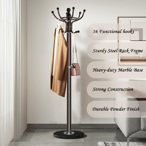 Freestanding Coat Rack with Marble Base & Multi-Hook Hall Tree