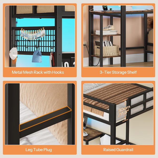 Twin Over Twin L-Shaped Bunk Bed with Desk, LED Lights & Stairs