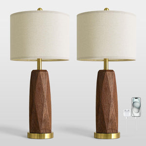 Wood Grain Resin Table Lamps Set of 2 with USB Charging Ports