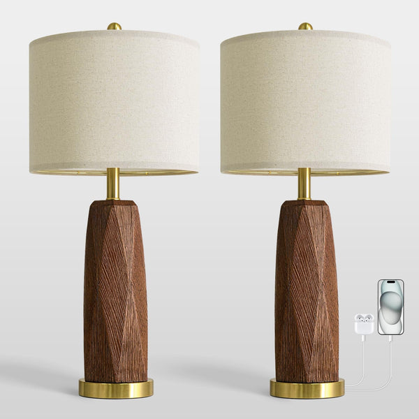 Wood Grain Resin Table Lamps Set of 2 with USB Charging Ports