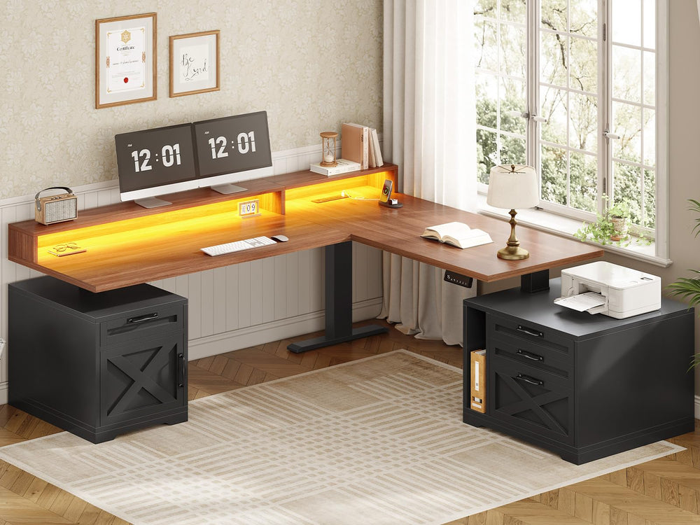 L-Shaped Electric Standing Desk with Drawers & Storage
