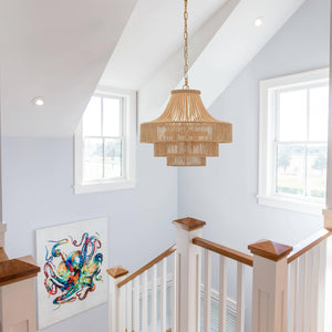 20" Boho Wood Beaded Rattan Chandelier Pendant Light, 6-Light