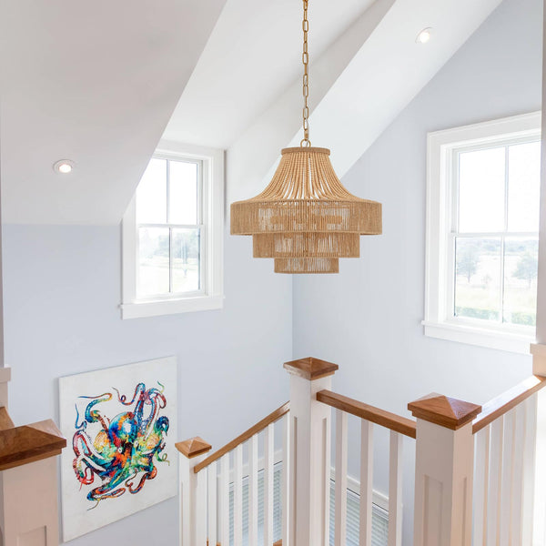 20" Boho Wood Beaded Rattan Chandelier Pendant Light, 6-Light