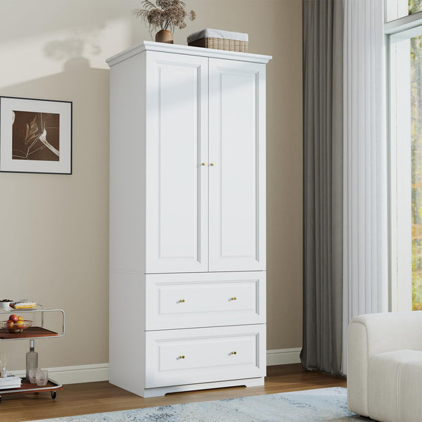 White Wardrobe Closet with Drawers, Hanging Rod & Shelves