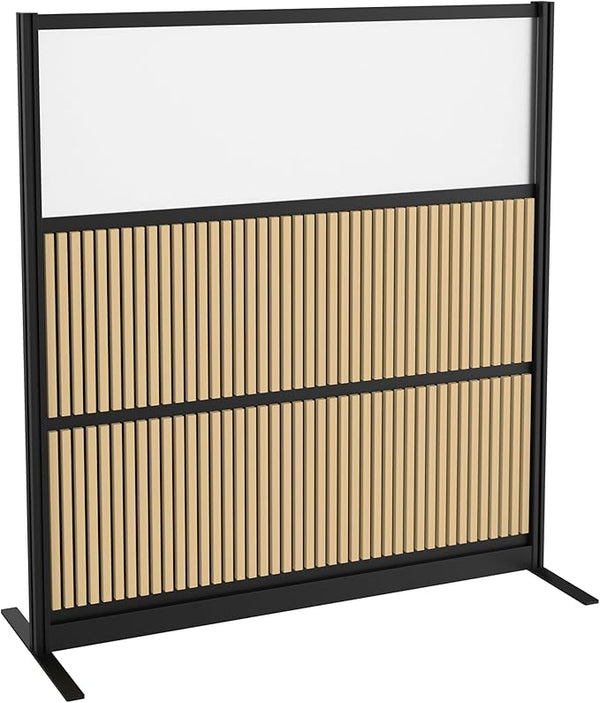 Modular Office Room Divider with Faux Wood Slats & Sound Dampening Panels