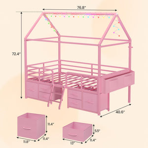 Twin House Bed Frame with Storage Drawers & LED String Lights