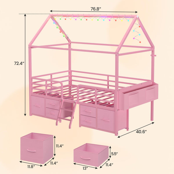 Twin House Bed Frame with Storage Drawers & LED String Lights