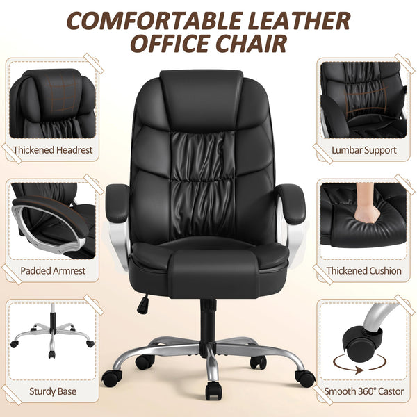 High-Back PU Leather Executive Office Chair with Lumbar Support & Padded Armrests