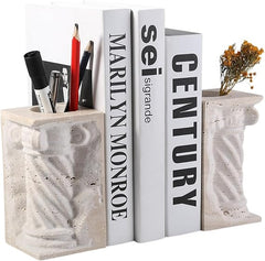Marble Bookends with Pen Holder & Vase – Set of 2