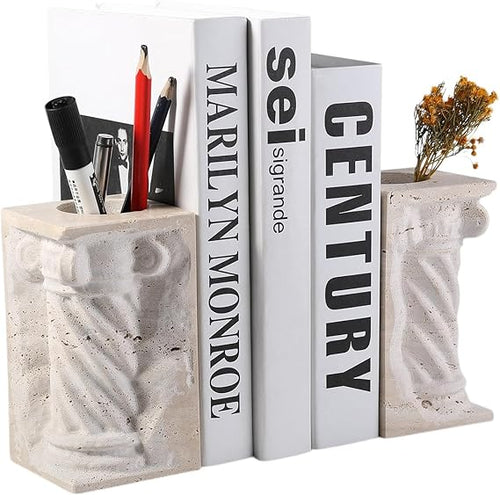 Marble Bookends with Pen Holder & Vase – Set of 2
