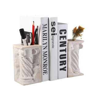 Marble Bookends with Pen Holder & Vase – Set of 2