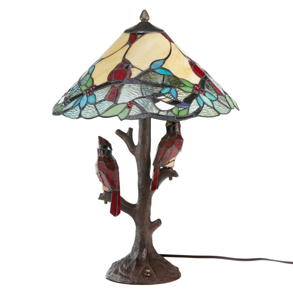 Stained Glass Cardinals on Tree Table Lamp – Tiffany Style, 23.75"H