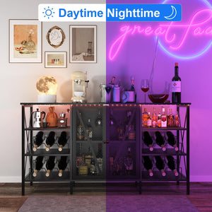 Rustic Wine Bar Cabinet with Wine Rack, Glass Holder & LED Light
