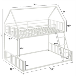 Twin Over Full House Bunk Bed – Metal Frame with Ladder & Guardrail