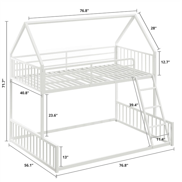 Twin Over Full House Bunk Bed – Metal Frame with Ladder & Guardrail