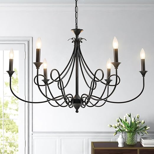 6-Light Modern Candle Chandelier – Brushed Nickel, Black & Brass