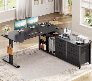 L-Shaped Electric Standing Desk 55" x 55" with 6 Drawers, Storage & Power Outlet