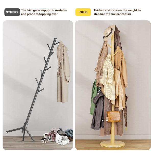 Solid Wood Freestanding Coat Rack with 10 Hooks