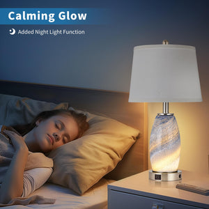 Blue Glass Table Lamps Set of 2 with USB Charging & 3-Way Lighting