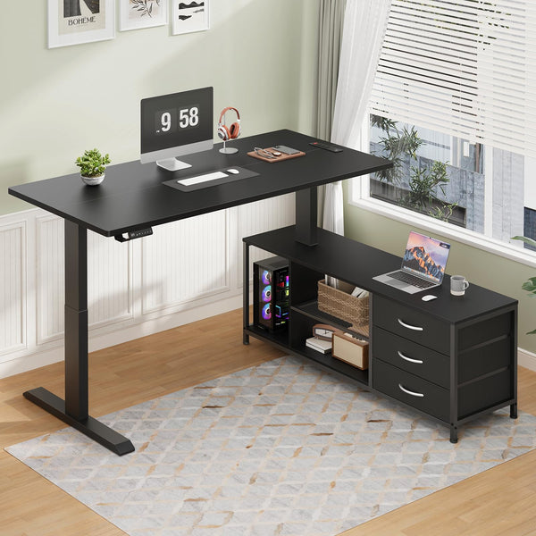 L-Shaped Electric Standing Desk with Drawers & Shelves