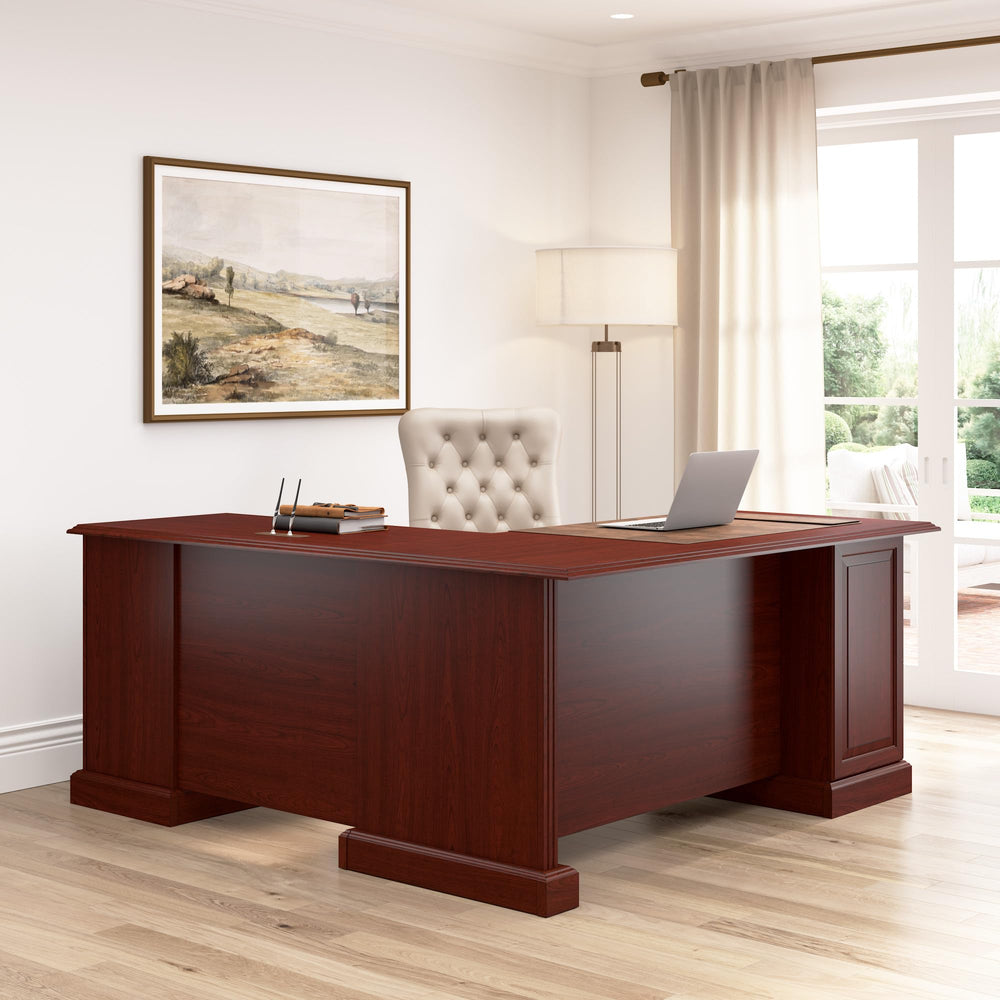 L-Shaped Executive Desk with Drawers & Keyboard Tray – Harvest Cherry