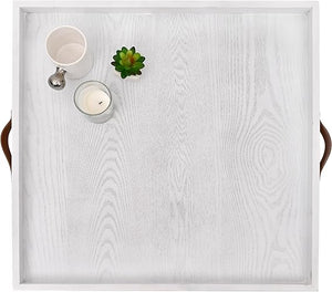 24x24 Square Wood Ottoman Tray with Leather Handles