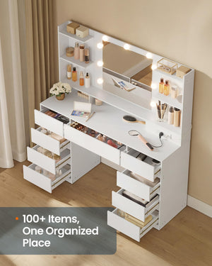 Vanity Desk with Mirror, Lights & Power Outlets – 9 Drawers, White
