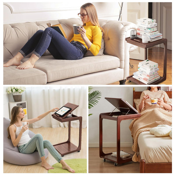 C-Shaped Rolling End Table with Adjustable Desktop