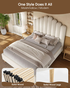 White Boucle Upholstered Bed Frame with 57" Headboard