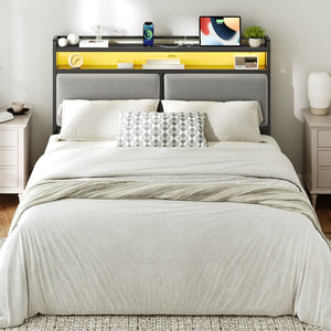 Queen Upholstered Storage Headboard with LED Lights & Charging Station