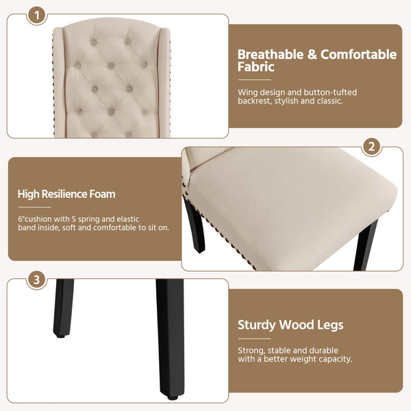 Button-Tufted Upholstered Dining Chairs with Solid Wood Legs – Beige