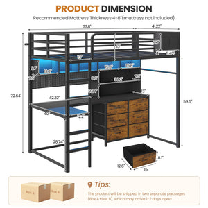 Twin Loft Bed with Desk, Storage & LED Lights
