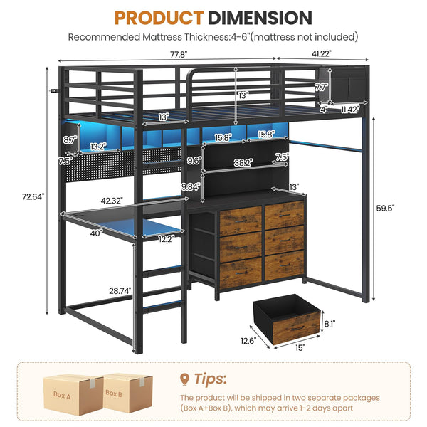 Twin Loft Bed with Desk, Storage & LED Lights