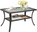 Outdoor Wicker Coffee Table with Storage & Tempered Glass Top