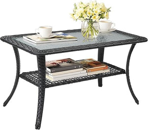 Outdoor Wicker Coffee Table with Storage & Tempered Glass Top