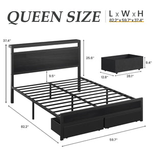 Queen Bed Frame with Storage Headboard, LED Lights & Charging Station